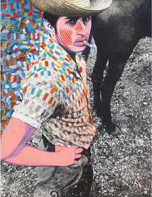 Raúl Martínez, El vaquero (Cowboy), c. 1969. Acrylic on black-and-white photograph, 21.5 x 16.75 inches (54.61 x 42.54 cm). The Shelley and Donald Rubin Private Collection. Image courtesy of the Raúl Martínez Estate, Ciego de Ávila, Cuba, and Corina Matamoros.