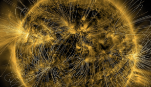 This illustration lays a depiction of the sun's magnetic fields over an image captured by NASA’s Solar Dynamics Observatory. Credit: NASA/SDO/AIA/LMSAL