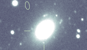 Taken with a telescope at the Gemini Observatory, this image shows how far the FRB (marked with an ellipse) is from its host galaxy (marked with cross hairs. Credit: Tarraneh Eftekhari/Northwestern University
