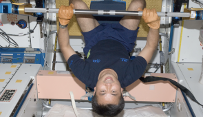 Koichi Wakata exercises using the advanced Resistive Exercise Device in the Unity node of the International Space Station. Credit NASA