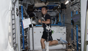 Japan Aerospace Exploration Agency astronaut Koichi Wakata exercises on the Combined Operational Load Bearing External Resistance Treadmill (COLBERT) in the Tranquility node of the International Space Station.
