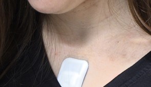 Chest sensor monitors maternal heart rate, respiratory rate and core body temperature.
