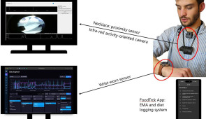 Image showing a person wearing all three sensors from the study (a necklace, wristband and body camera that respects the wearer's privacy) and what kind of information it provides in the study. (Credit: HABits Lab, Northwestern University) 
