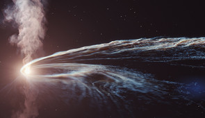 Artist’s illustration of tidal disruption event AT2019dsg where a supermassive black hole spaghettifies and gobbles down a star. Some of the material is not consumed by the black hole and is flung back out into space.