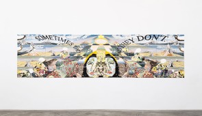 Andrea Carlson, "The Indifference of Fire," 2023. [installation view] Oil, acrylic, gouache, ink, color pencil, and graphite on paper approximately 46 x 182 inches (overall), 11.5 x 30 inches (each of 24 elements), Gochman Family Collection. ©Andrea Carlson