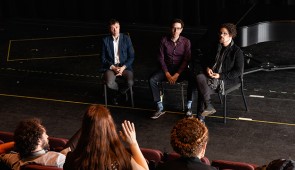 Institute for New Music faculty members Joachim Schamberger (music director of opera, Bienen School) and Alan Piersen (Contemporary Music Ensemble conductor, Bienen School) and composer in residence David T. Little answer student questions. Photo courtesy of Bienen School of Music.