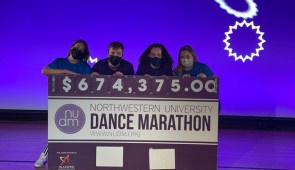 Northwestern University Dance Marathon (NUDM) 2021 Emcees Sara Lipman Edward Crandall and Productions Co Chairs Jillian Korey and Cady De Camara. Photo courtesy of Dance Marathon.