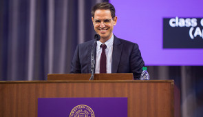 Northwestern alumnus Greg Berlanti delivers the Northwestern School of Communication 2019 Convocation speech. Photo credit Northwestern University.