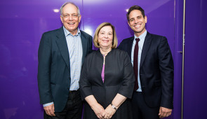 Northwestern School of Communication professor emeritus David A. Downs, Dean Barbara O'Keefe and alumnus Greg Berlanti. Photo credit Northwestern University.