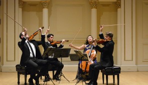 The Calidore String Quartet will open the 26th Winter Chamber Music Festival with a concert at 7:30 p.m., Jan. 6, 2023 featuring double bassist Xavier Foley. Credit: Michael Hershkowitz.