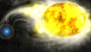 Artistic representation of a star stealing materials from its companion star — a potential scenario that could explain 2019yvr's lack of hydrogen. Credit: Kavli IPMU/Aya Tsuboi
