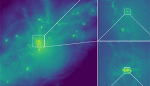 Distribution of gas across scales, with the gas density increasing from purple to yellow. The top left panel shows a large region containing tens of galaxies (6 million light-years across).  Subsequent panels zoom in progressively into the nuclear region of the most massive galaxy and down to the vicinity of the central supermassive black hole. Gas clumps and filaments fall from the inner edge of the central cavity occasionally feeding the black hole. 