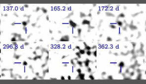 Residual images from image subtraction between nine epochs of Hubble Space Telescope images and the template observation. 

Credit: Wen-fai Fong/Northwestern University