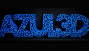 A 3D-printed logo for Northwestern tech spin-off company, Azul 3D, which is commercializing the technology