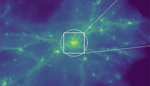 A still image from the simulation showing a large region containing tens of galaxies (6 million light-years across).