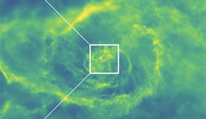 A still image from the simulation, showing the nuclear region of a massive galaxy. The square marks the galaxy's center, which is home to its central supermassive black hole.