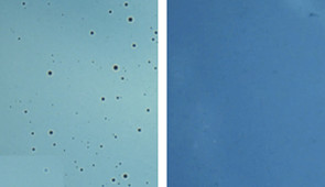 Comparison between uncoated and coated plexiglass screens, on the microscale.