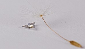 A 3D microflier next to a dandelion seed for scale