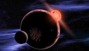 An artist’s conception shows a hypothetical planet with two moons orbiting within the habitable zone of a red dwarf star. Credit: NASA/Harvard-Smithsonian Center for Astrophysics/D. Aguilar