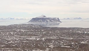A view of the Lopez de Bertodano Formation, a well-preserved, fossil-rich area on the west side of Seymour Island in Antarctica.