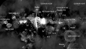 A mosaic image (with labels) of the center of the Milky Way, captured with radiowaves. The magnetic filaments are large, vertical slashes throughout the image.