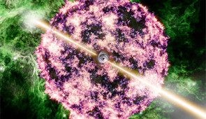 Artist's visualization of GRB 221009A showing the narrow relativistic jets (emerging from a central black hole) that gave rise to the gamma-ray burst (GRB) and the expanding remains of the original star ejected via the supernova explosion. Using the James Webb Space Telescope, Northwestern University postdoctoral fellow Peter Blanchard and his team detected the supernova for the first time, confirming GRB 221009A was the result of the collapse of a massive star. The study’s co-authors also found that the event occurred in a dense star forming region of its host galaxy as depicted by the background nebula. 