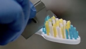 A researcher removes bristles from a toothbrush for testing.