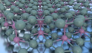 Illustration depicts the atomic structure of double-layer borophene. In this image, all atoms are boron, with the pink boron atoms specifically involved in bonding between the layers.