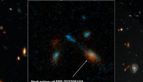 A Hubble Space Telescope image of the host galaxy of an exceptionally powerful fast radio burst, FRB 20220610A. Hubble’s sensitivity and sharpness reveals a compact group of multiple galaxies that may be in the process of merging. They existed when the universe was only 5 billion years old. FRB 20220610A was first detected on June 10, 2022, by the Australian Square Kilometer Array Pathfinder (ASKAP) radio telescope in Western Australia. The European Southern Observatory’s Very Large Telescope in Chile confirmed that the FRB came from a distant place.

Credit: NASA, ESA, STScI, Alexa Gordon (Northwestern)