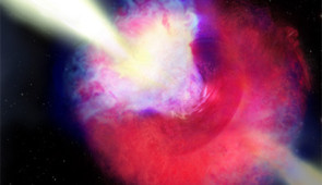 Artist’s impression of GRB 211211A. The kilonova and gamma-ray burst is on the right. The blue color represents material squeezed along the poles, while the red colors indicate material ejected by the two inspiralling neutron stars that is now swirling around the merged object. A disk of ejecta emitted after the merger, hidden behind the red and blue ejecta, is shown in purple. A fast jet (shown in yellow) of material punches through the kilonova cloud. The event occurred  about 8 kiloparsecs from its host galaxy (left). Credit: Aaron M. Geller/Northwestern/CIERA and IT Research Computing Services. 