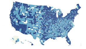 An infographic showing an overview of the local news landscape. In this image, off-white represents areas with no local newspapers; light blue represents areas with one newspapers; dark blue areas have multiple newspapers.