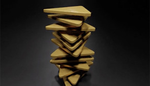 3D illustration of individual nanoscale building blocks stacking before locking into place