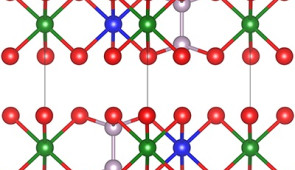Crystal structure of the new material. Blue is lithium; green is indium; purple is phosphorous; and red is selenium.