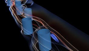 In this schematic, the wavy lines depict a computer simulation of the fluid flow through a single microfluidic channel. The fluid flows around obstacles, shown here as blue cylindrical pillars. The flow around these obstacles creates vortices, shown as whirlpool-like spots. These vortices generate effects in the flow that allow fluids to be re-routed and switched within larger microfluidic networks.