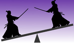 Scenarios in which two symmetric entities stop being in symmetric states when they interact but, counterintuitively, return to symmetric states when the entities themselves are
tweaked to be asymmetric.