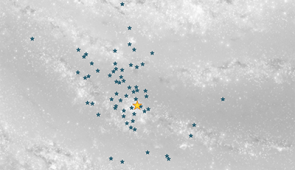 Graphic illustrating the positions in our galaxy of pulsars included in NANOGrav’s 15-year data set. Pulsars are indicated by blue stars, while the position of the Earth is the yellow star. For some pulsars, locations are estimated, as they are too far and too faint for precise distances to be measured. Credit: NANOGrav