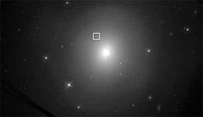 The box indicates where the neutron star merger (GW170817)and its afterglow occurred, in relation to the brightness of the nearby galaxy (center). 

Credit: Wen-fai Fong/Northwestern University