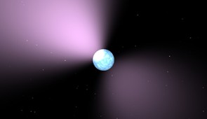 An artist's concept of a pulsar. Similar to a lighthouse, pulsar light appears in regular pulses as it rotates.