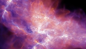 Snapshot from the first full STARFORGE simulation. Nicknamed the "Anvil of Creation," a giant molecular cloud with individual star formation and comprehensive feedback, including protostellar jets, radiation, stellar winds and core-collapse supernovae.