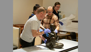 Seated Figure, Possibly Ife, Tada Nigeria, is unpacked inside The Block Museum.
