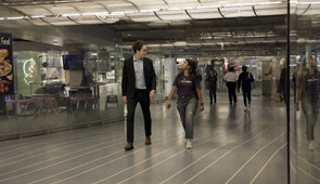 Professor Alessandro Rotta Loria and Anjali Naidu Thota, a Ph.D. student in Rotta Loria's lab, walk through an underground pedway beneath the Chicago Loop.