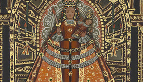 "Our Lady of Copocabana," Unidentified artist, La Paz (possibly), Bolivia
18th century
Oil and gold on embossed, chased and engraved copper with inlaid mica
Copper: 8.5625 x 6.625 x .25 inches
Credi: Collection of Carl & Marilynn Thoma Foundation
Photo by Jamie Stukenberg
