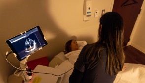 A simulated study participant gets an ultrasound in the Longevity Lab (Photo: Shane Collins, Northwestern University)