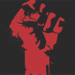 An illustration of a red fist raised against a black background