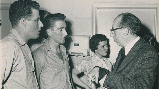 Aaron Copland works with Northwestern students on the 1958 production of "The Tender Land"
