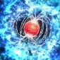 This artist’s impression of SN 2017egm shows the power source for this extraordinarily bright supernova. The explosion was triggered by a massive star that collapsed to form a neutron star with an extremely strong magnetic field and rapid spin, called a magnetar. Debris from the supernova explosion is shown in blue, and the magnetar is shown in red. (Credit: M. Weiss/CfA)