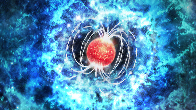 This artist’s impression of SN 2017egm shows the power source for this extraordinarily bright supernova. The explosion was triggered by a massive star that collapsed to form a neutron star with an extremely strong magnetic field and rapid spin, called a magnetar. Debris from the supernova explosion is shown in blue, and the magnetar is shown in red. (Credit: M. Weiss/CfA)