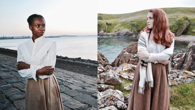 Two images show young women standing by water