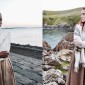 Two images show young women standing by water