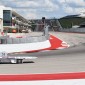 Solar Car 6 navigates the final turn before the start/finish line of the Circuit of America’s track in Austin, Texas. NUsolar raced the car from July 3 to 8 at the 2017 Formula Sun Grand Prix. 